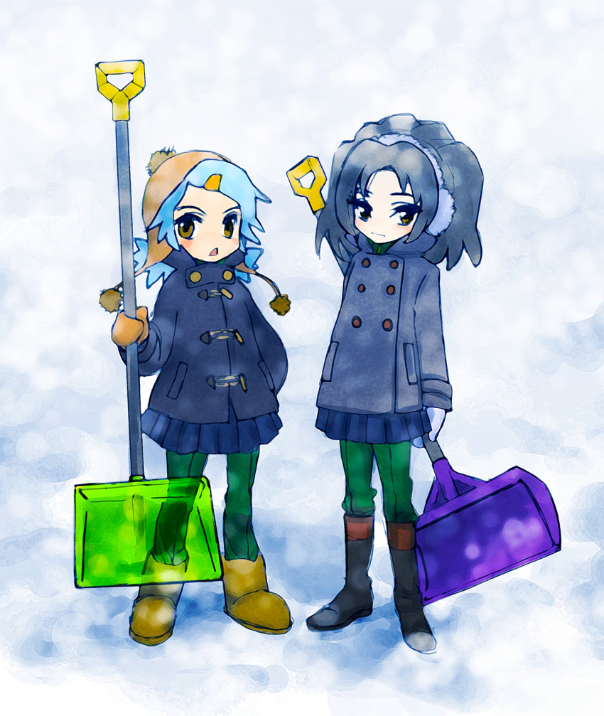 blue_hair coat earmuffs highres kamigusa_shizuru mishima_ruki radirgy short_hair shovel snow worktool