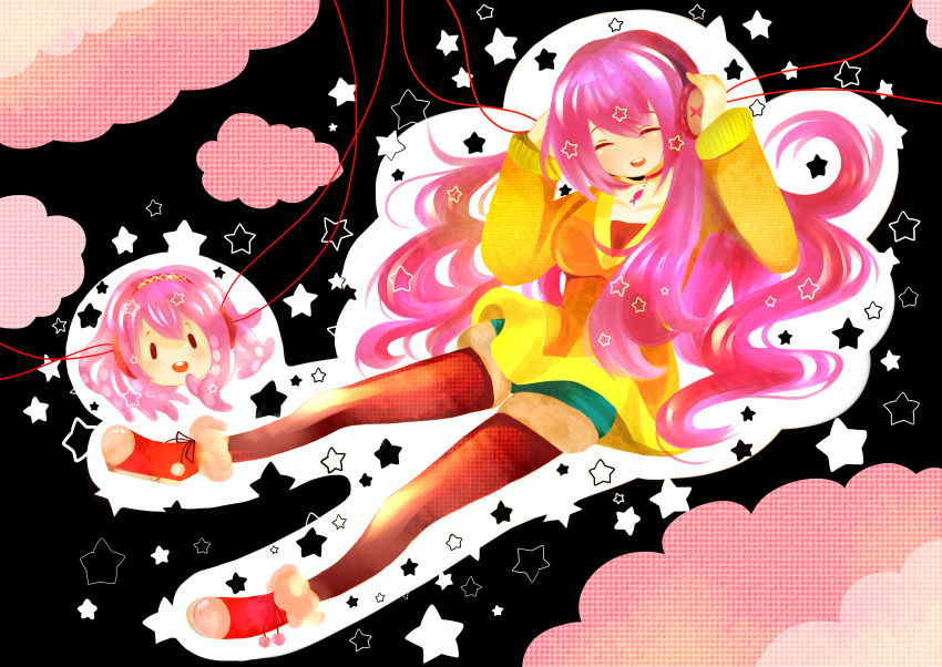 absurdres artist_request cable choker closed_eyes clouds earmuffs hands_on_earmuffs hands_on_headphones headphones highres megurine_luka open_mouth pantyhose pink_hair shoes star sweater takoluka tentacles very_long_hair vocaloid
