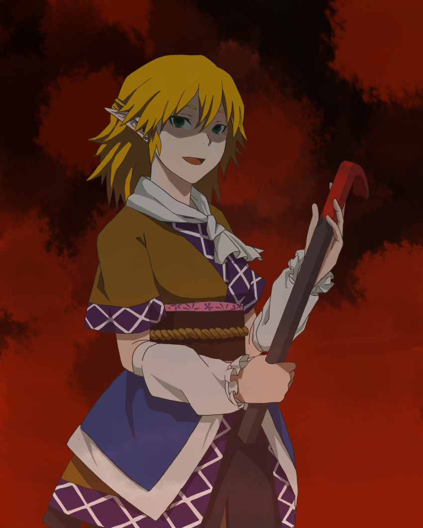 arm_warmers blonde_hair crowbar earrings go-m green_eyes highres jewelry mizuhashi_parsee open_mouth pointy_ears scarf shaded_face short_hair smile solo touhou weapon