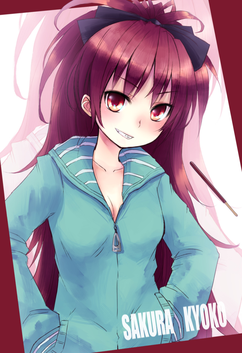 bow collarbone grin hair_bow hands_in_pockets highres hoodie long_hair mahou_shoujo_madoka_magica minato_(shouno) pocky ponytail red_eyes red_hair redhead sakura_kyouko smile solo