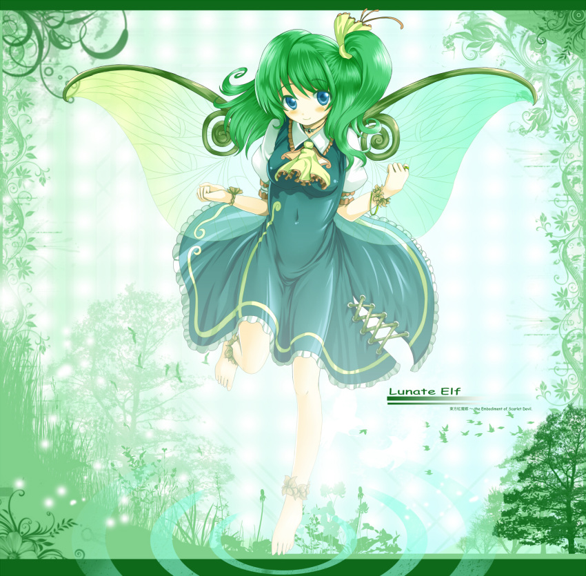 arudehido ascot bare_legs barefoot blue_eyes blush bracelet breasts curly_hair daiyousei dress embellished_costume green_hair highres impossible_clothes impossible_clothing insect_wings jewelry light_particles looking_at_viewer navel necklace ring side_ponytail skin_tight smile solo touhou wings