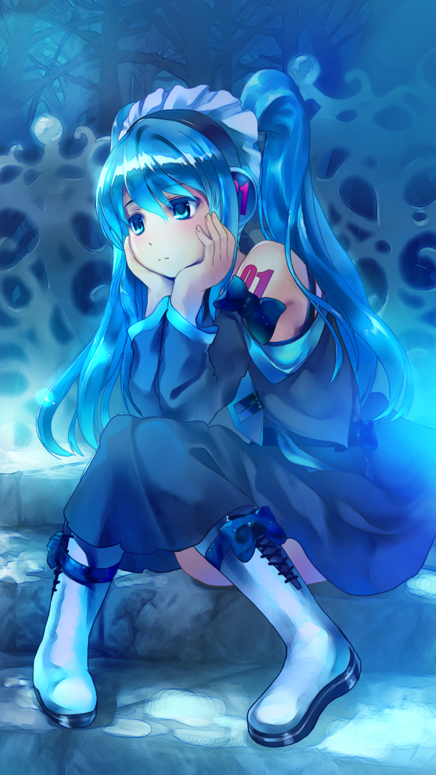 aqua_eyes aqua_hair boots chin_rest detached_sleeves dress hatsune_miku headdress headphones highres long_hair necktie sitting solo stairs tsuite_(pinkmoon1982) twintails vocaloid