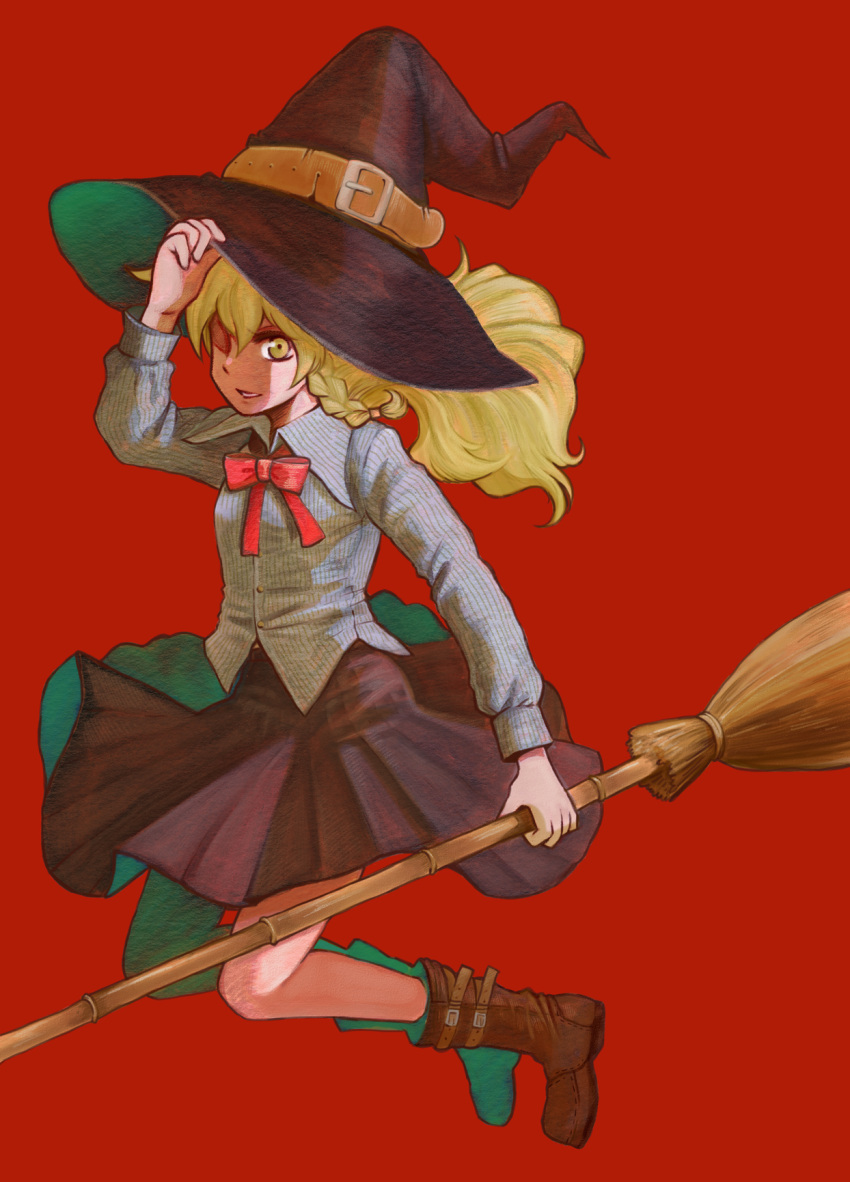 alternate_costume blonde_hair boots braid broom charin hat highres holding holding_hat kirisame_marisa long_hair red ribbon shaded_face simple_background solo touhou witch witch_hat yellow_eyes