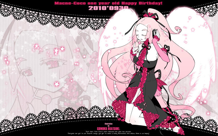 akatsuki_gomoku arm_warmers black_dress closed_eyes cross-laced_footwear dress eyebrows eyes_closed frills hair_ornament half_updo happy_birthday headphones headset highres hime_cut lace lace-up_heels long_hair macintosh macloid macne_coco macne_coco_(shiro) microphone pink pink_eyes pink_hair ponytail ribbon ruffles star thick_eyebrows very_long_hair white_skin wings