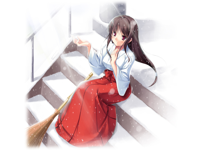 brown_hair highres japanese_clothes masirogohan miko mogami_noa original red_eyes sitting snow solo stairs wallpaper