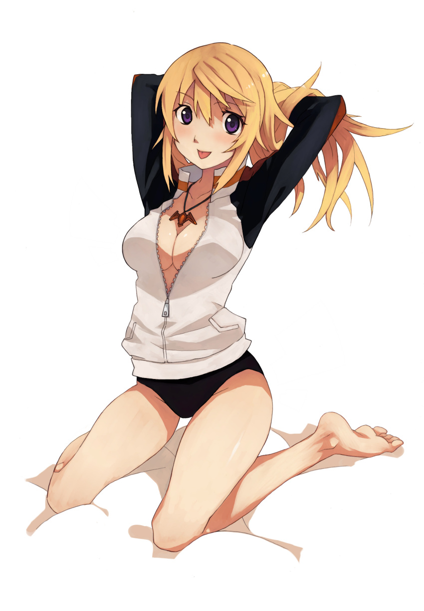 blush breasts charlotte_dunois cleavage feet highres infinite_stratos jewelry long_hair necklace open_mouth penguin_caee purple_eyes raglan_sleeves soles solo toes track_jacket violet_eyes