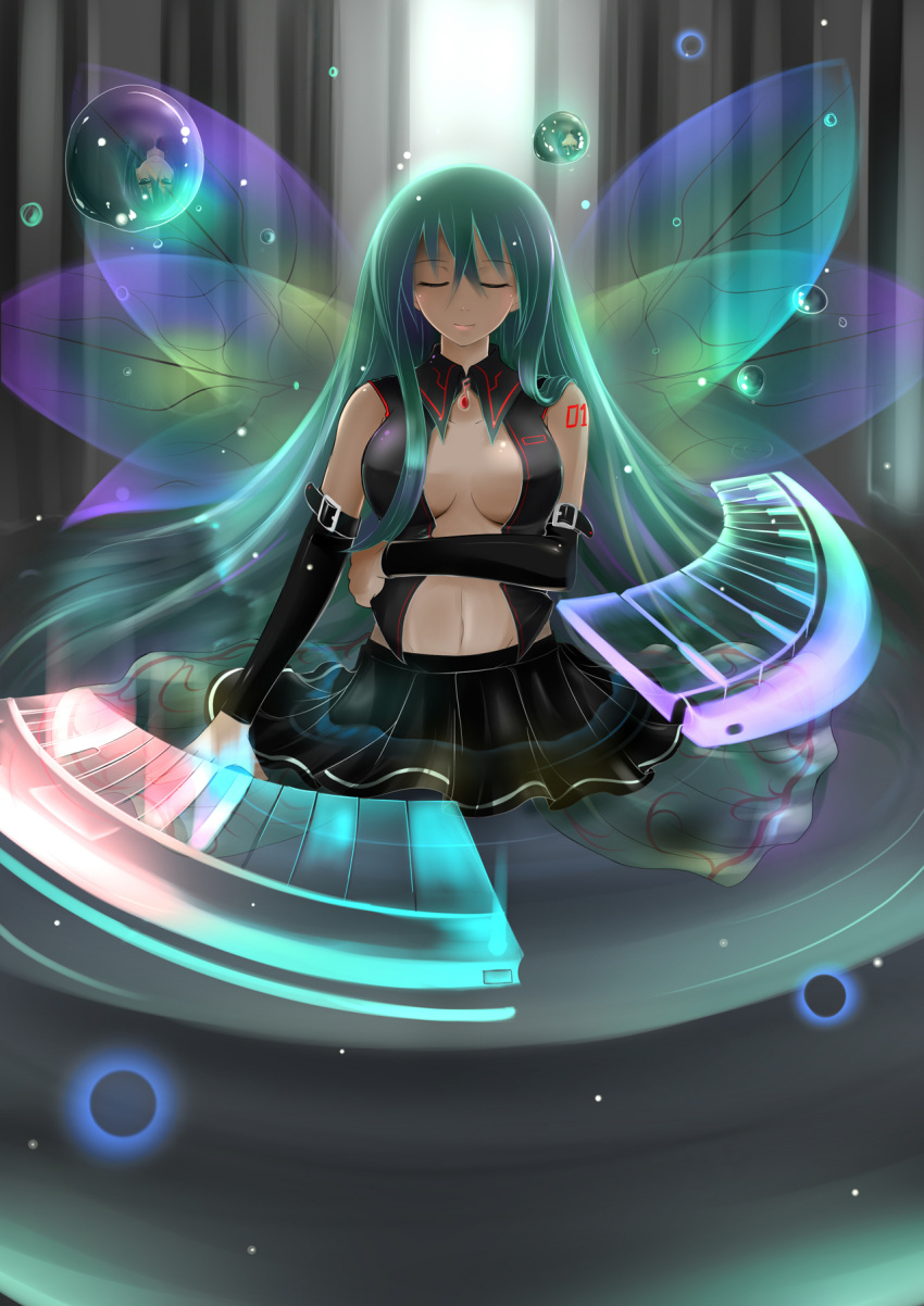 alternate_costume alternate_hairstyle breasts catstudio_(artist) cleavage closed_eyes eyes_closed floating_object green_hair hatsune_miku instrument keyboard_(instrument) long_hair revealing_clothes very_long_hair vocaloid wings