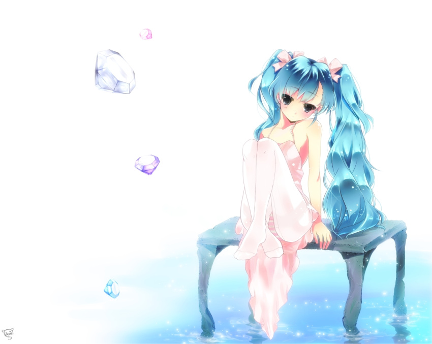 aqua_eyes aqua_hair blue_eyes blue_hair bow crystal diamond feet gem hair_bow hair_ribbon hatsune_miku highres long_hair panties panties_over_pantyhose pantyhose pink_pantyhose sana_(unyata) simple_background sitting solo strap_slip striped striped_panties table thighhighs twintails underwear very_long_hair vocaloid water white_legwear