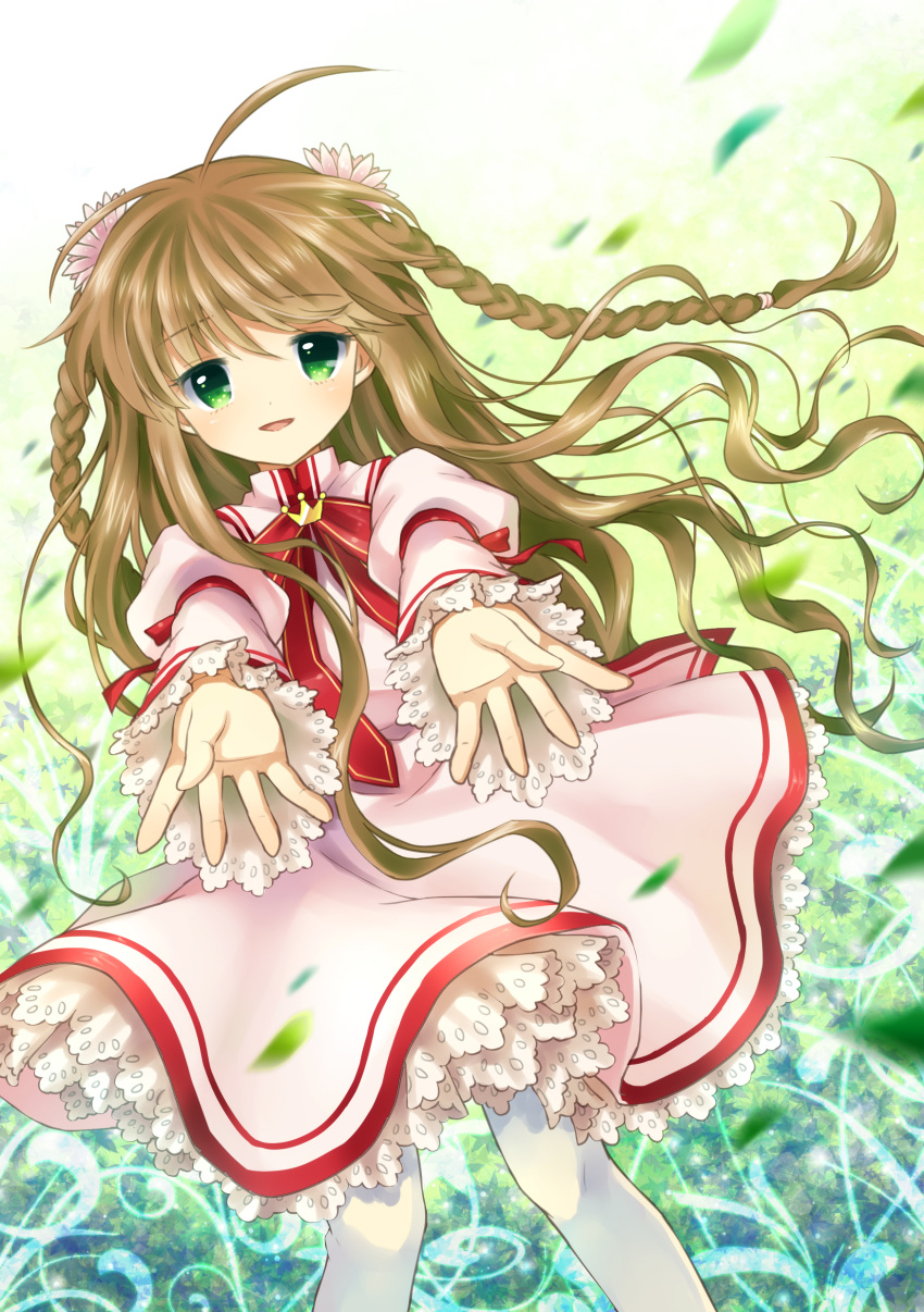 ahoge bad_id braid brown_hair dress flower green_eyes hair_flower hair_ornament hands highres kanbe_kotori leaf looking_at_viewer mauve open_mouth outstretched_hand rewrite smile thigh-highs thighhighs twin_braids wavy_hair white_legwear white_thighhighs wind