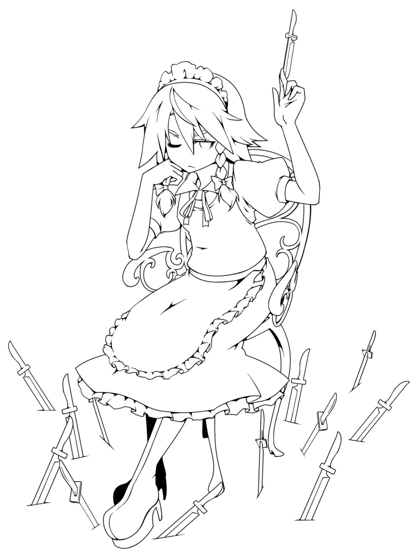 bow braid chair hair_bow highres izayoi_sakuya knife lineart maid maid_headdress monochrome short_hair shuushokuna_ekus sitting solo throwing_knife touhou transparent_background twin_braids weapon wink