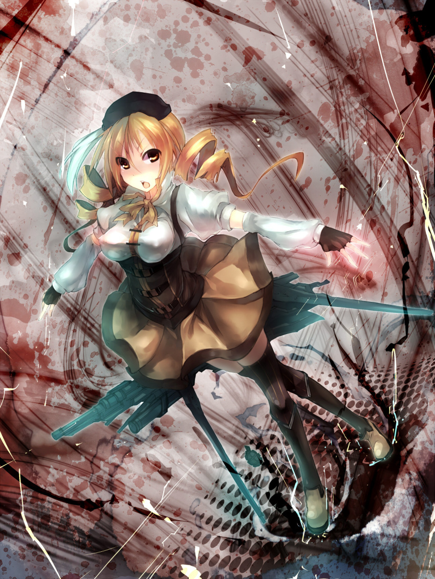 arm_warmers beret blonde_hair boots breasts brown_eyes brown_legwear corset crossed_legs_(standing) detached_sleeves drill_hair erect_nipples fingerless_gloves gloves gun hair_ornament hairpin hat highres magical_girl magical_musket mahou_shoujo_madoka_magica mamuru open_mouth outstretched_arms pleated_skirt puffy_sleeves ribbon rifle see-through skirt solo thigh-highs thighhighs tomoe_mami twin_drills vertical-striped_legwear vertical_stripes weapon witch's_labyrinth zettai_ryouiki