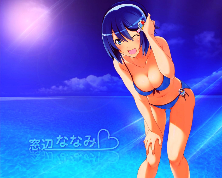 1girl 7 ;d bikini blue_eyes blue_hair breasts cleavage hair_ornament hairband hairclip hand_on_thigh jpeg_artifacts large_breasts leaning_forward madobe_nanami microsoft open_mouth os os-tan short_hair sky smile solo swimsuit wakaba wallpaper windows wink