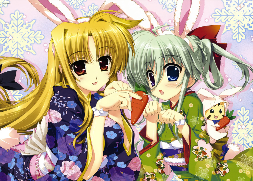 absurdres animal_ears asteion blonde_hair blue_eyes bow bunny_ears carrot einhart_stratos fate_testarossa fujima_takuya hair_bow highres huge_filesize japanese_clothes kimono long_hair lyrical_nanoha mahou_shoujo_lyrical_nanoha mahou_shoujo_lyrical_nanoha_vivid multiple_girls official_art open_mouth red_eyes scan silver_hair very_long_hair yukata