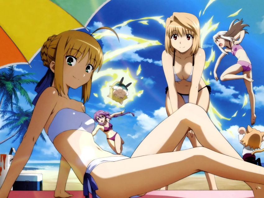 :o ahoge animal_ears arcueid_brunestud arms_up bandeau bare_shoulders barefoot beach beach_volleyball bikini blonde_hair braid breasts carnival_phantasm cat_ears cat_tail cleavage company_connection crossover detexted fate/stay_night fate_(series) feet fire green_eyes hair_ribbon highres illyasviel_von_einzbern jumping leaning_forward light_smile long_hair looking_at_viewer melty_blood morita_kazuaki nekoarc nekoarc_babbles nekoarc_bubbles official_art open_mouth palm_tree purple_hair red_eyes ribbon saber short_hair side-tie_bikini sion_eltnam_atlasia smile swimsuit tail tsukihime type-moon volleyball white_hair