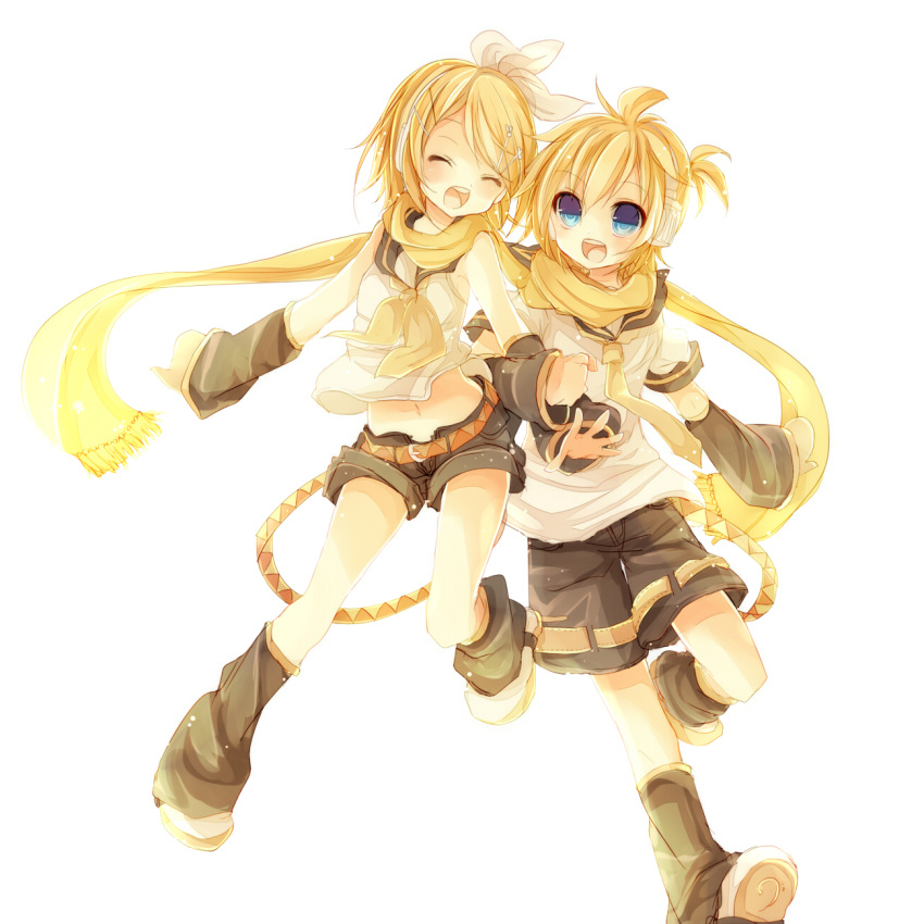 arm_warmers bare_shoulders blonde_hair brother_and_sister closed_eyes eyes_closed hair_ornament hair_ribbon hairclip headphones highres inaresi kagamine_len kagamine_rin leg_warmers navel necktie open_mouth ribbon sailor_collar scarf short_hair shorts siblings smile twins vocaloid