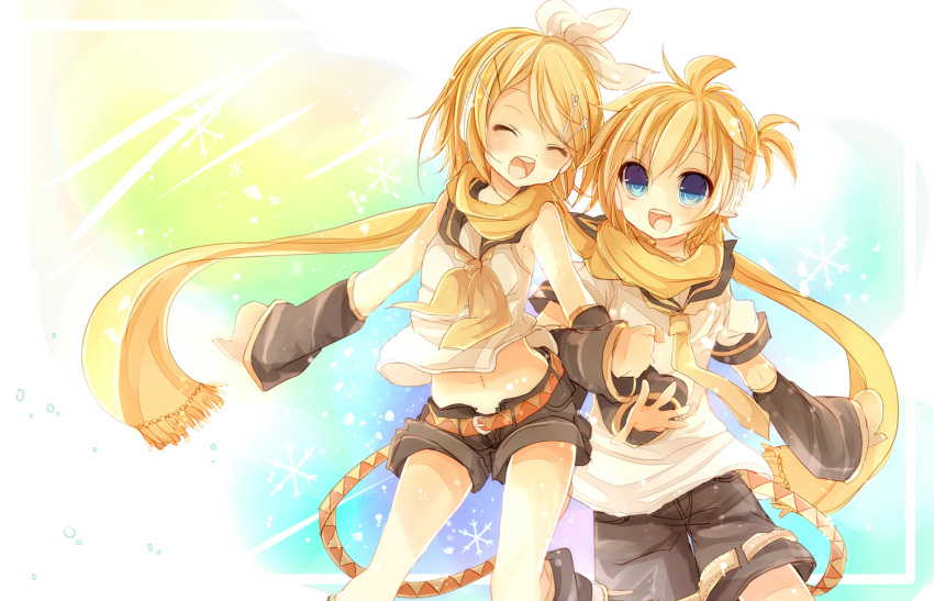 artist_request belt blue_eyes closed_eyes detached_sleeves hair_bow hairclip headphones kagamine_len kagamine_rin midriff navel neckerchief open_mouth ponytail sailor_collar scarf short_shorts shorts vocaloid