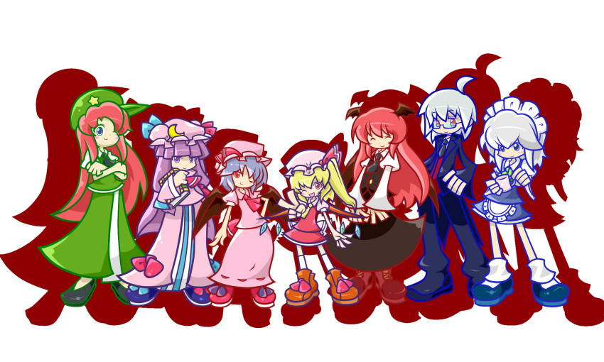 6+girls :d ^_^ adenine_(artist) ahoge alternate_costume apron ascot bat_wings beret black_dress blonde_hair blue_eyes blue_hair blush bonnet book boots bow butler china_dress chinese_clothes closed_eyes crescent crossed_arms cup dress everyone eyes_closed flandre_scarlet frills glasses hat hat_bow hat_ribbon head_wings highres hong_meiling izayoi_sakuya jewelry koakuma light_smile long_hair long_skirt madou_monogatari maid maid_headdress mary_janes miniskirt moon morichika_rinnosuke mug multiple_girls open_eyes open_mouth parody patchouli_knowledge pink_dress purple_eyes purple_hair puyopuyo red_dress red_eyes red_hair redhead ribbon shadow shoes short_hair siblings side_ponytail silver_hair simple_background sisters skirt smile star teacup touhou v v_arms vampire very_long_hair violet_eyes white_hair wings wink
