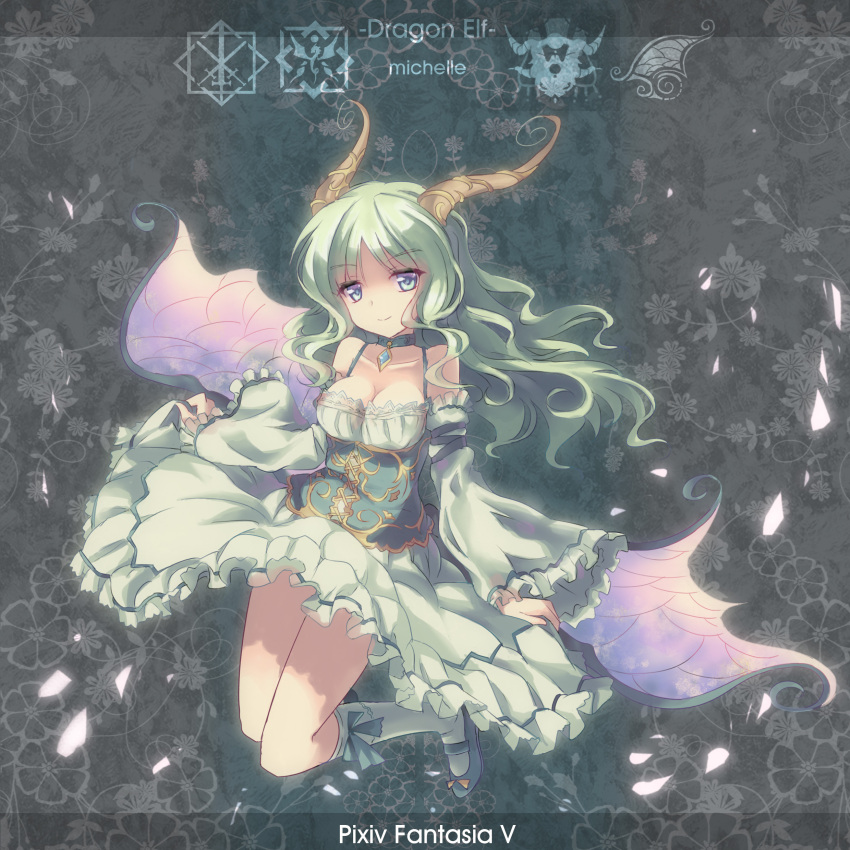 breasts choker cleavage detached_sleeves dragon_girl dress green_eyes green_hair highres horns legs long_hair north_abyssor pixiv_fantasia pixiv_fantasia_5 smile wings