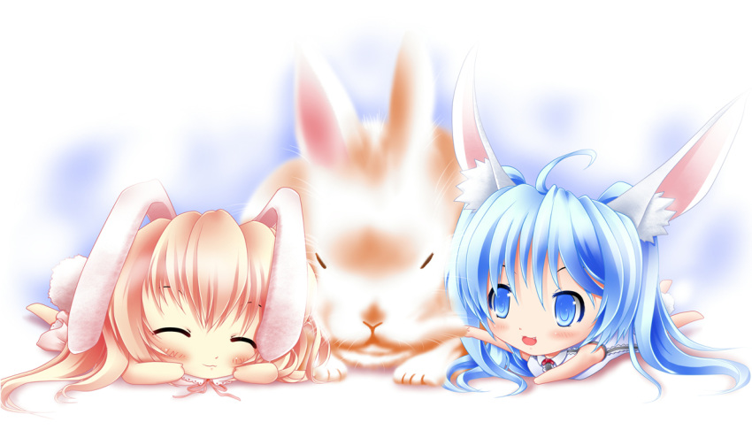 ahoge blue_eyes blue_hair bunny_ears bunny_tail chibi closed_eyes hatsune_miku megurine_luka neck_ribbon open_mouth pink_hair rabbit smile twintails vocaloid
