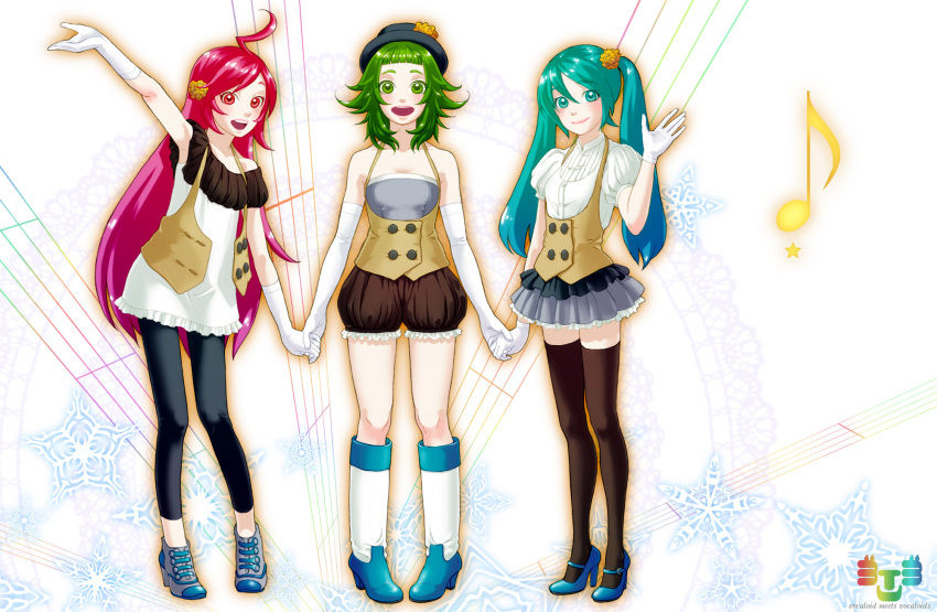 3girls ahoge aqua_eyes aqua_hair boots capri_pants elbow_gloves fashion gloves gradient_hair green_eyes green_hair gumi hair_flower hat hatsune_miku high_heels highres holding_hands long_hair miki_(vocaloid) musical_note open_mouth red_eyes redhead short_hair skirt smile snowflakes thigh_highs twintails vocaloid waistcoat white zettai_ryouiki