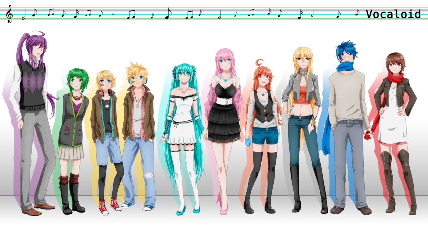 3boys 6+girls 7girls ahoge aqua_eyes aqua_hair arms_behind_back bandaid bare_shoulders belt black_dress blonde_hair blue_eyes blue_hair boots bracelet coat dress everyone fashion gloves green_eyes green_hair gumi hair_ribbon hairclip hand_in_pocket hands_in_pockets hands_on_hips hatsune_miku headphones high_heels highres holding_hands jacket jeans kagamine_len kagamine_rin kaito kamui_gakupo lily_(vocaloid) lineup long_hair megurine_luka meiko midriff miki miki_(vocaloid) multiple_girls musical_note nail_polish navel necklace necktie open_jacket open_mouth pantyhose pink_hair pleated_skirt ponytail purple_eyes purple_hair red_eyes redhead ribbon scarf shirt shoes short_hair short_shorts shorts skirt smile sneakers sweater_vest tattoo thigh_highs thighhighs torn_clothes treble_clef tubetop twintails very_long_hair vest vocaloid waistcoat zettai_ryouiki