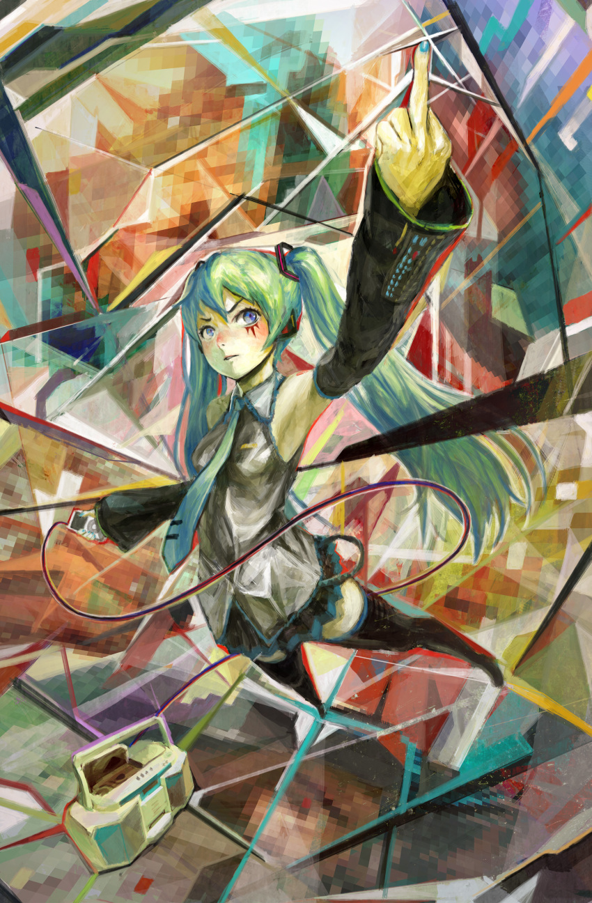 abstract absurdres armpits bare_shoulders blue_eyes cable detached_sleeves digital_media_player facepaint foreshortening green_hair hatsune_miku highres ipod long_hair middle_finger nababa necktie solo thighhighs twintails vocaloid