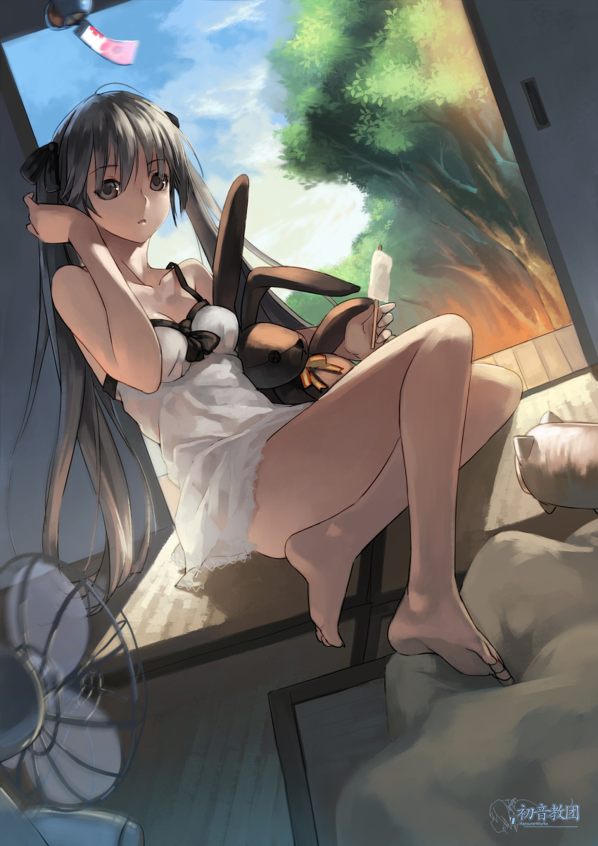 absurdres adjusting_hair bare_shoulders barefoot brown_eyes dress dutch_angle electric_fan fan feet highres kasugano_sora katori_buta legs long_hair popsicle silver_hair sitting solo stuffed_animal stuffed_bunny stuffed_rabbit stuffed_toy sundress tatami tree twintails wind_chime yokozuwari yosuga_no_sora yykuaixian