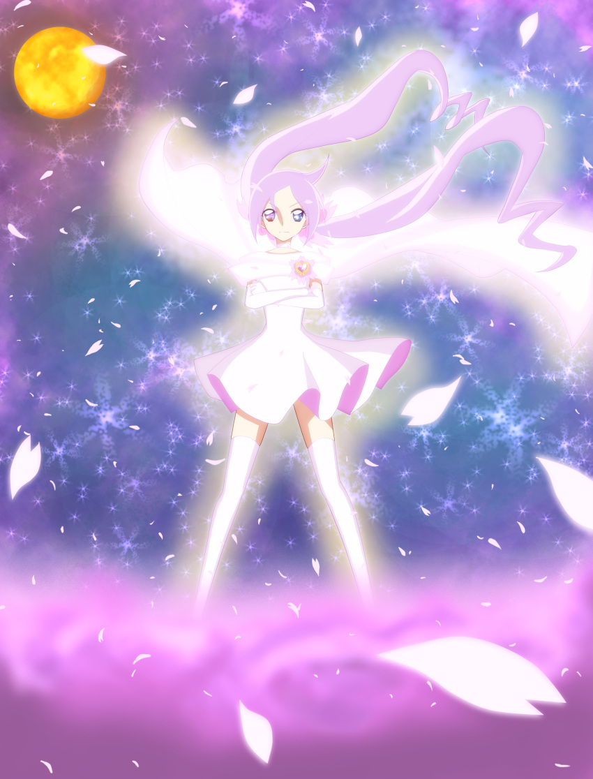 blue_eyes cape crossed_arms dress elbow_gloves gloves heartcatch_precure! heterochromia highres infinite_precure mugen_silhouette osianan pink_hair precure red_eyes space thigh-highs thighhighs twintails