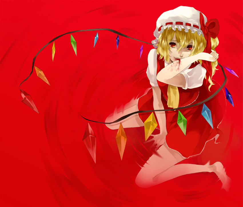 blonde_hair blood flandre_scarlet hat highres injury red_eyes rokamo sitting solo the_embodiment_of_scarlet_devil touhou wings