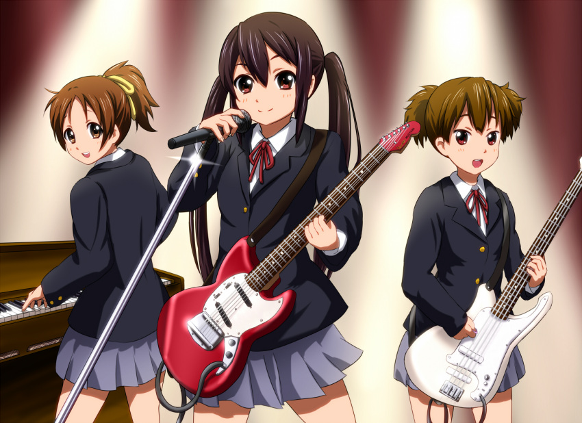 brown_eyes brown_hair diesel-turbo guitar hirasawa_ui instrument k-on! long_hair microphone microphone_stand nakano_azusa ponytail school_uniform short_hair suzuki_jun twintails