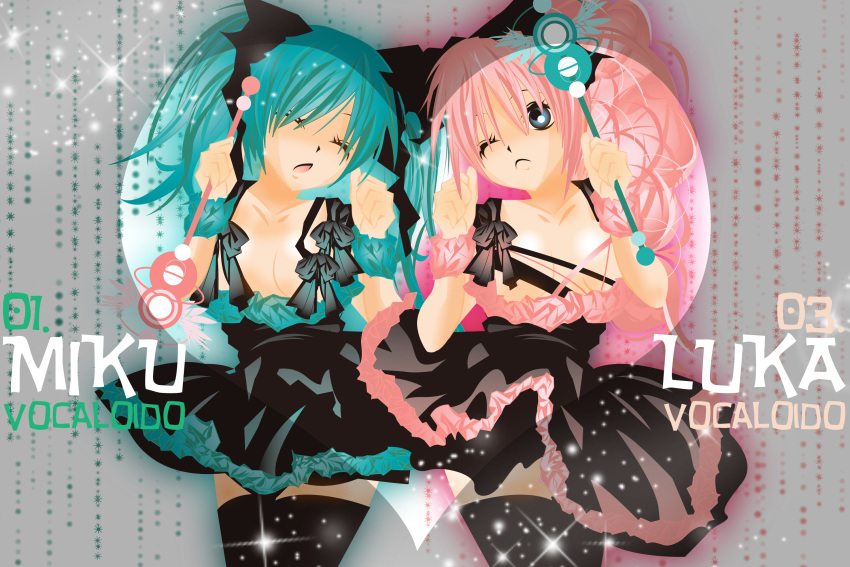 2girls absurdres aqua_hair blue_eyes bow cleavage closed_eyes frills hair_ornament hatsune_miku highres megurine_luka open_mouth pink_hair ponytail skirt sparkle thigh_highs twintails vocaloid wand wink wristbands zettai_ryouiki