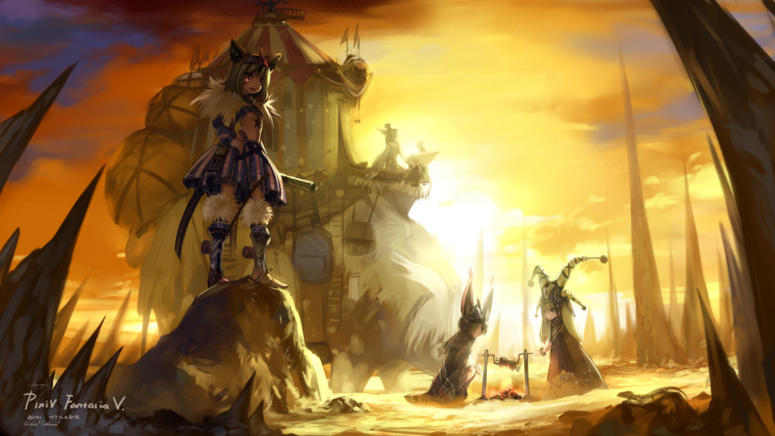 babycat blonde_hair boned_meat boots campfire circus fire food hat highres jester_cap knee_boots meat pixiv_fantasia pixiv_fantasia_5 short_hair signature skirt star sunset telescope yellow_eyes