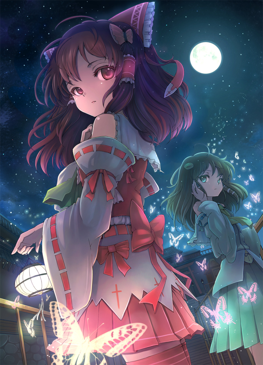 adapted_costume ahoge bare_shoulders bow brown_hair butterfly butterfly_hair_ornament colored_eyelashes cross detached_sleeves eyelashes from_below full_moon glowing green_eyes green_hair hair_ornament hakurei_reimu hand_on_ear highres kochiya_sanae lantern miko moon multiple_girls night night_sky pinky_out pleated_skirt red_eyes sanntouhei skirt sky star_(sky) starry_sky thighhighs torii touhou zettai_ryouiki