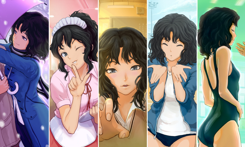 amagami black_eyes black_hair blush classroom closed_eyes column_lineup competition_swimsuit haitaka highres lips maid_headdress messy_hair one-piece_swimsuit school_uniform smile snow swimsuit tanamachi_kaoru tray umbrella waitress wavy_hair wink