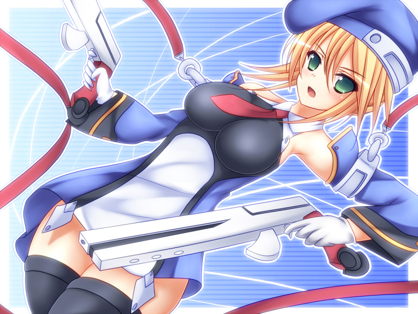 blazblue blonde_hair blush bolverk breasts detached_sleeves dual_wielding gloves green_eyes gun handgun hat impossible_clothes impossible_clothing mikan_(5555) noel_vermillion open_mouth short_hair solo thigh-highs thighhighs weapon white_gloves