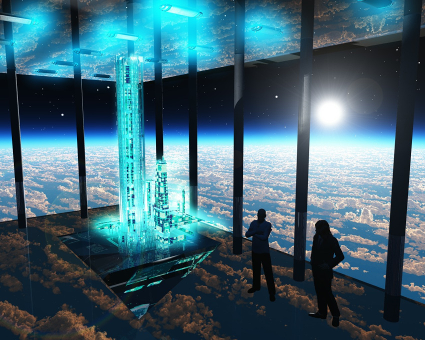 building crowd earth front_mission front_mission_gun_hazard orbital_elevator science_fiction skyscraper space sun trbrchdm
