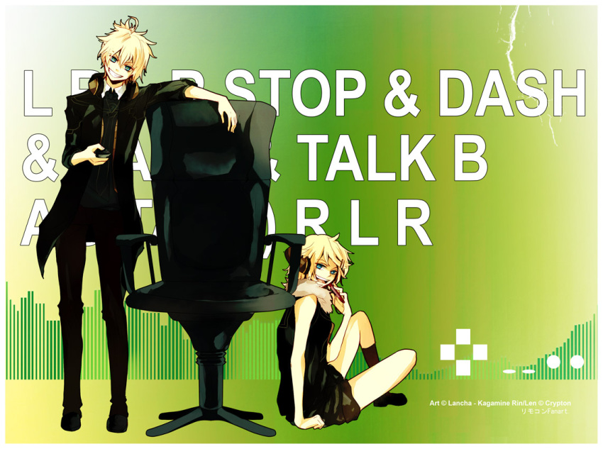 +_+ ahoge black_dress blue_eyes bowtie brother_and_sister chair controller english female formal fur_collar green hair_ornament hairclip headphones headphones_around_neck holding kagamine_len kagamine_rin lancha male multicolored_eyes necktie nes nintendo open_mouth ponytail remote_control rimocon_(vocaloid) short_hair siblings sitting sleeves_rolled_up smile socks suit twins vocaloid yellow_eyes