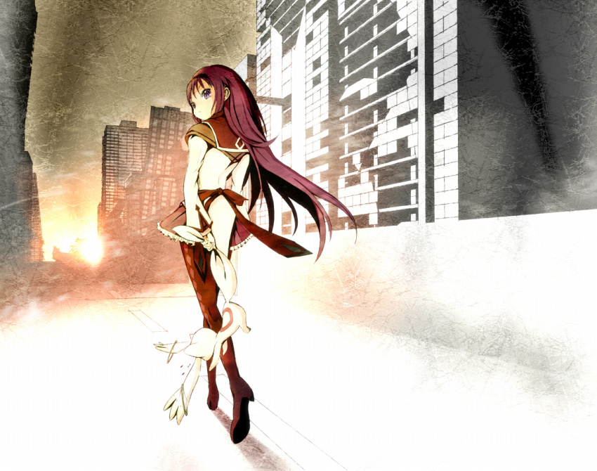 akemi_homura black_hair boots city from_behind hairband holding_another's_tail kyubey kyuubee long_hair looking_back magical_girl mahou_shoujo_madoka_magica pantyhose purple_eyes reri ruins school_uniform solo sun sunset tail tail_grab walking