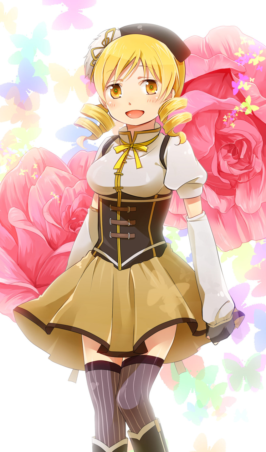 beret blonde_hair boots breasts butterfly detached_sleeves drill_hair fingerless_gloves flower gloves hat highres large_breasts magical_girl mahou_shoujo_madoka_magica nagakomo open_mouth pink_rose pleated_skirt puffy_sleeves rose skirt smile solo thigh-highs thighhighs tomoe_mami yellow_eyes zettai_ryouiki