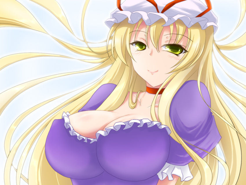 blonde_hair breasts bust choker cleavage dress hat impossible_clothes impossible_clothing impossible_dress large_breasts long_hair negamaro solo touhou yakumo_yukari yellow_eyes