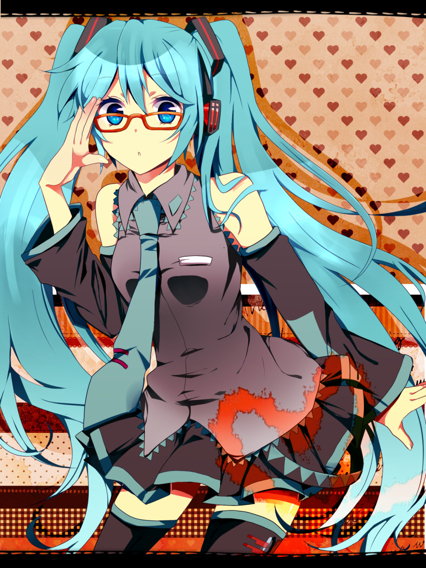 aqua_eyes aqua_hair bad_id bespectacled colored detached_sleeves glasses hatsune_miku headphones high_res highres long_hair glasses necktie skirt solo tamana thigh-highs thighhighs twintails very_long_hair vocaloid zettai_ryouiki