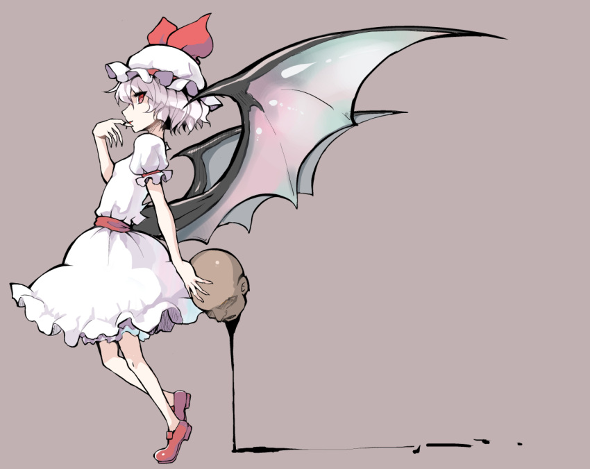 1girl bat_wings blood hat hat_ribbon head lavender_hair red_eyes remilia_scarlet ribbon short_hair solo touhou wings yuugiri