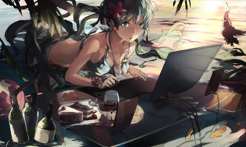 1girl bikini_top bird bottle cake cup drawing dress fish food green_eyes green_hair hatsune_miku highres leaf leaning_forward long_hair monitor ooi_choon_liang pillow standing sunset table tablet twintails vocaloid wine_glass