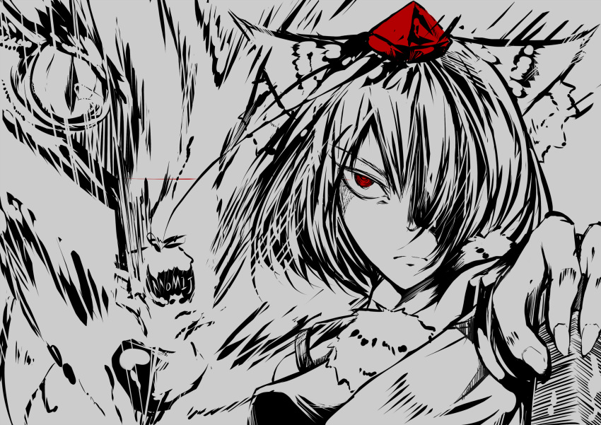 animal_ears bare_shoulders detached_sleeves hair_over_one_eye hat highres inubashiri_momiji mito_(calcomer) monochrome red_eyes short_hair solo spot_color tokin_hat touhou wolf wolf_ears