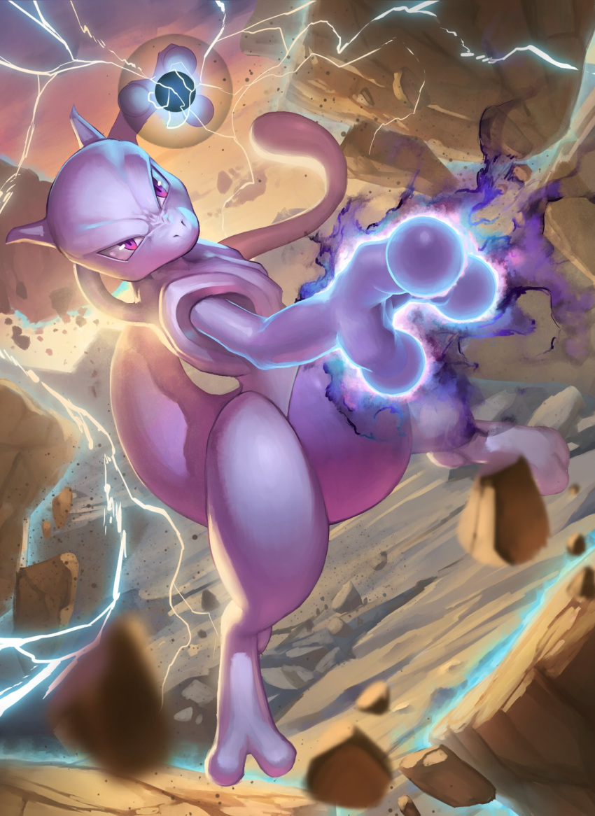 blurry commentary electricity energy_ball floating gen_1_pokemon glowing highres legendary_pokemon legs_apart mewtwo outdoors pokemon rock spareribs toes violet_eyes