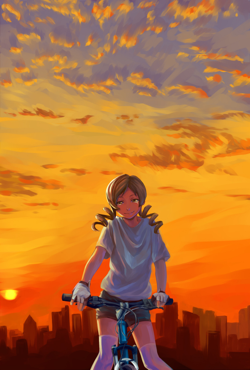 bicycle blonde_hair cityscape cloud clouds drill_hair fingerless_gloves gloves highres light_smile mahou_shoujo_madoka_magica mountain_bicycle shorts sky solo sun sunset t-shirt tears thigh-highs thighhighs tomoe_mami white_legwear white_t-shirt white_thighhighs xiamianliele yellow_eyes zettai_ryouiki