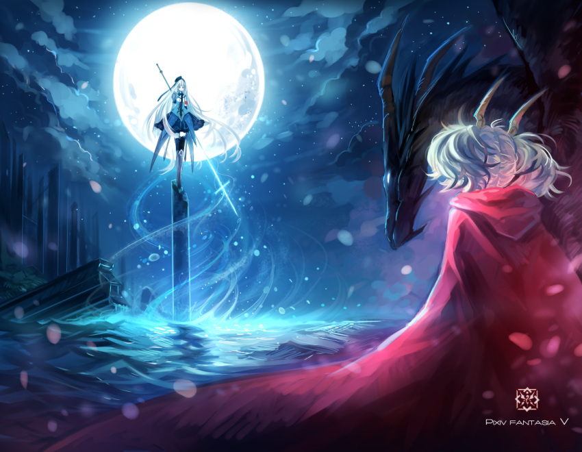 dragon full_moon hat horns magic moon multiple_girls pixiv_fantasia pixiv_fantasia_5 polearm shell_(pixiv) spear standing thighhighs water weapon wewapon