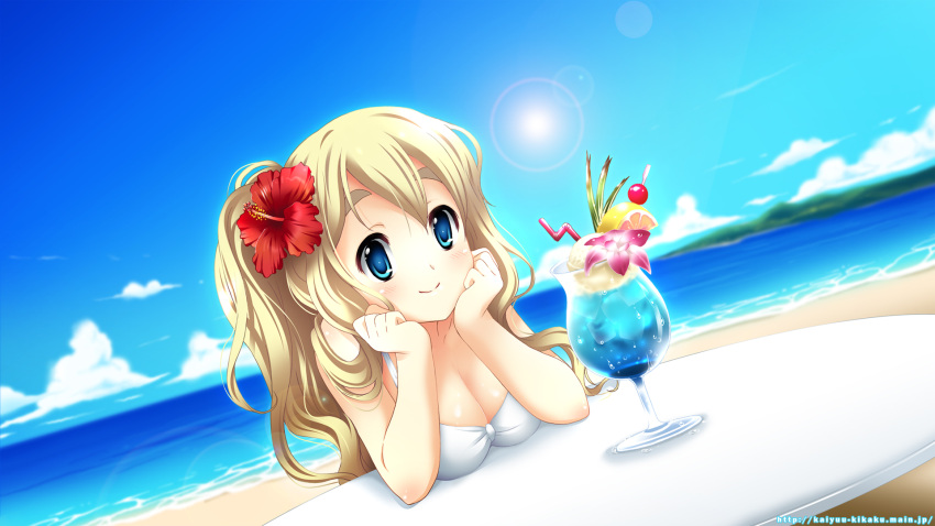 beach bikini blonde_hair blue_eyes blush cleavage flower happy highres k-on! kotobuki_tsumugi sky suzui_narumi swimsuit