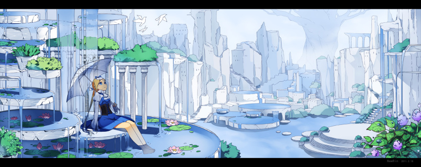 arm_support bad_id barefoot bird blonde_hair blue_eyes bow column dress feet_in_water flower hair_bow highres leaf letterboxed lily_pad long_image newrein original pillar pond ruins scenery sitting smile soaking_feet solo stairs tree twintails umbrella water waterfall wide_image