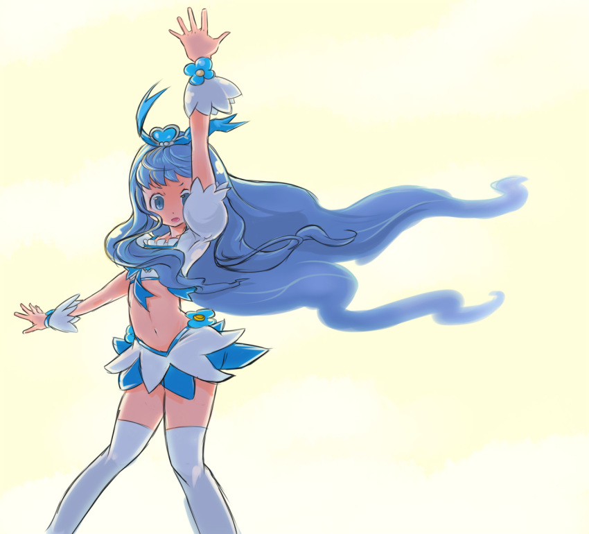 blue_eyes blue_hair bow cure_marine flower heart heartcatch_precure! highres kurumi_erika long_hair magical_girl midriff navel okera open_mouth pose precure skirt solo thigh-highs thighhighs wrist_cuffs